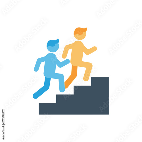 Two stylized figures ascend stairs one slightly ahead success concept.