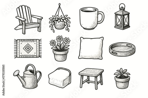 Set lantern vector watering icons table summer garden rug icon cushion wooden