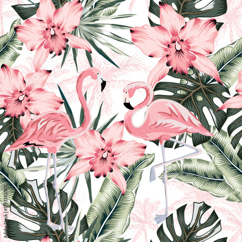 Tropical pink flamingo, orchid flowers, leaves, palm trees silhouettes, white background. Vector seamless pattern. Floral illustration. Exotic plants, birds. Summer beach design. Paradise nature