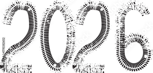 2026 automotive typography from tire treads - perfect for service calendars and garage branding. Useful for New year calendar design for tire services. Vector illustration. 