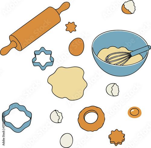 Baking utensils and ingredients for dough preparation with rolling pin, whisk, cookie cutters, and eggs in blue bowl vector illustration 