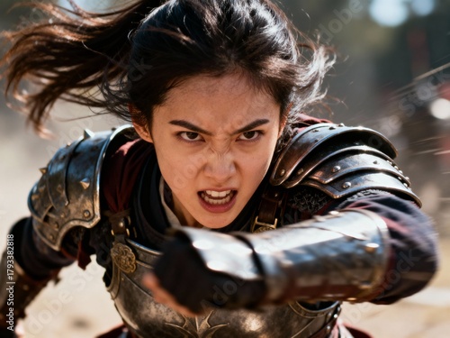 A determined young warrior in ornate armor charges forward, her expression fierce and intense as she prepares for combat.