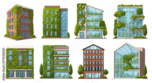 Modern eco-friendly buildings showcase sustainable architecture with lush green vertical gardens and innovative design