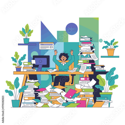 Overwhelmed employee buried in documents at the office desk Stress bureaucracy and heavy workload concept