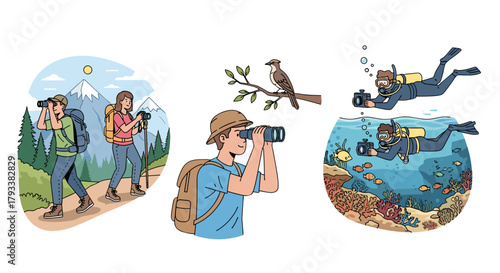 Explore nature's wonders with hikers, birdwatchers, and divers capturing stunning wildlife moments