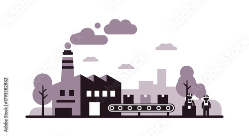 Industrial landscape illustration featuring a factory conveyor belt and workers processing goods