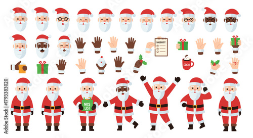 Diverse Santa Claus collection celebrating festive spirit with varied expressions and actions for holiday joy