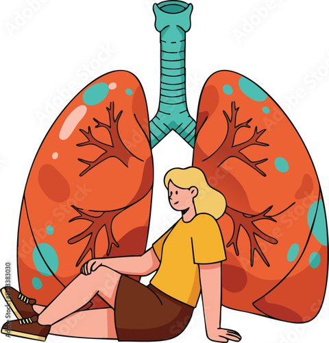 Human respiratory system with healthy lungs and woman sitting for lung health awareness vector illustration 