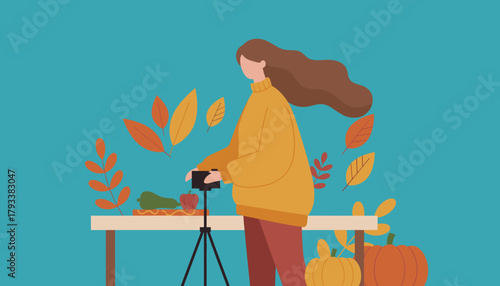 Woman photographing autumn harvest food content using a tripod Food blogging and media creation concept