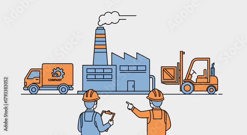 Factory logistics management Workers oversee truck delivery and forklift operation