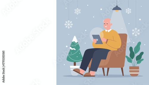 Senior man relaxing in an armchair using a tablet during the cozy winter holiday season