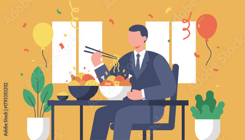 Businessman eats ramen with chopsticks at a festive party lunch Celebration vector illustration