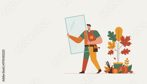 Handyman installing window glass Home maintenance concept during fall season