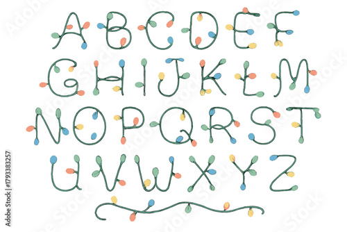 Vibrant alphabet letters adorned with colorful festive Christmas lights create a joyful holiday design