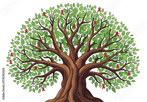 Vibrant family tree illustration with lush green leaves and decorative red ribbons symbolizing heritage and connection