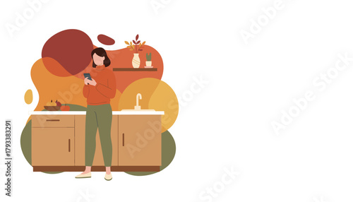 Woman checks smartphone in an autumnal kitchen Cozy home communication and seasonal decor