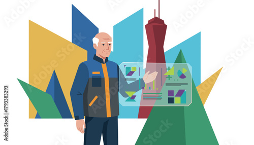 Senior professional analyzing futuristic data display in a hightech urban environment