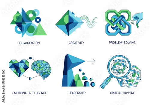 Dynamic abstract icons symbolize collaboration, creativity, problem solving, leadership, and critical thinking.