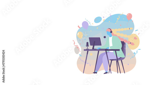 Happy female streamer celebrates success at her desk with headset microphone and festive party decor