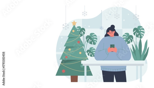 Woman texting on phone during winter holidays near a Christmas tree Flat vector illustration