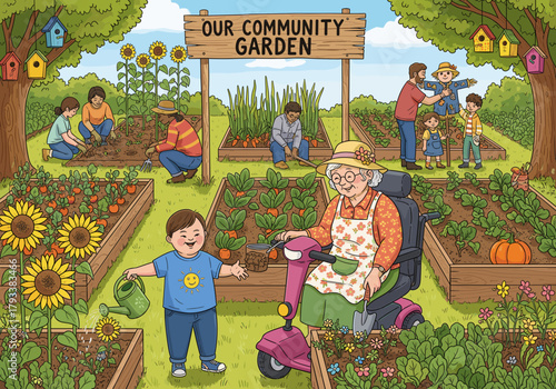 Diverse families happily cultivate vibrant community garden, harvesting fresh produce together with joy and connection.