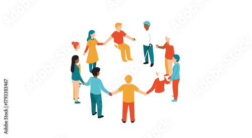 Diverse group of people holding hands in unity, forming a vibrant circle of connection and teamwork for a united future.