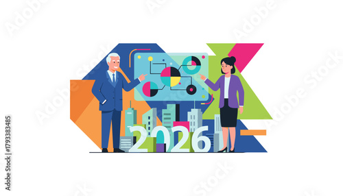 Business leaders plan 2026 strategy with data charts against a cityscape