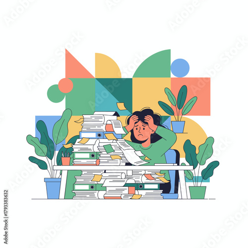 Overwhelmed employee stressed by excessive paperwork files and deadlines in the office