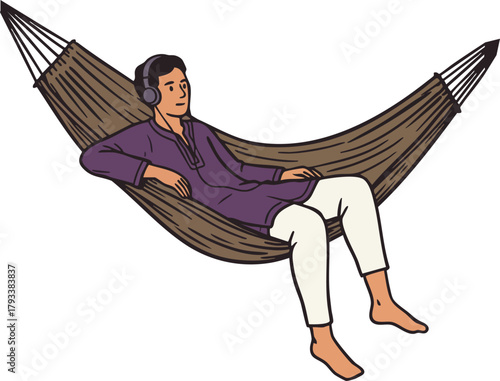 Man Relaxing in Brown Hammock Listening to Music in Casual Clothes Vector Illustration 