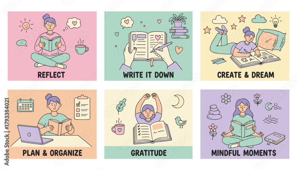 Fototapeta premium Selfcare and journaling habits reflection gratitude planning and mindfulness illustrations