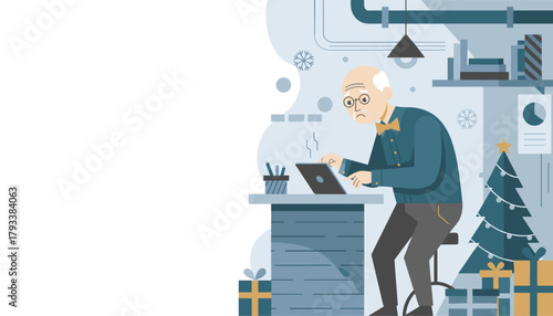 Vector illustration of a stressed senior man working during the Christmas holiday season in an office