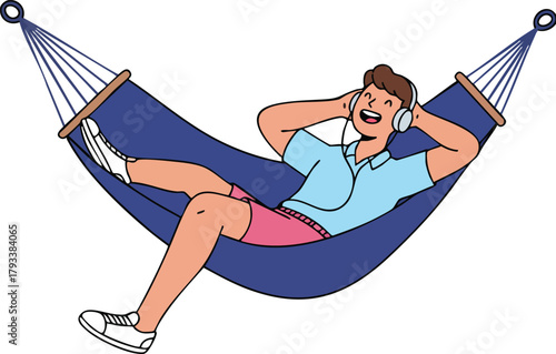Man Relaxing in Blue Hammock Listening to Music Wearing Headphones Casual Summer Outfit 