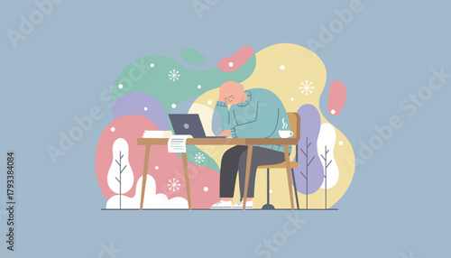 Tired person working on laptop suffering from winter blues seasonal depression or burnout