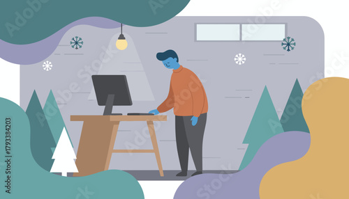 Depressed man working indoors during cold winter struggling with burnout or Seasonal Affective Disorder