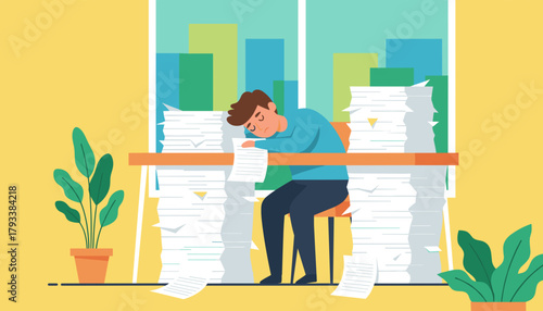Exhausted employee sleeping on desk surrounded by massive paperwork piles Work overload and burnout concept