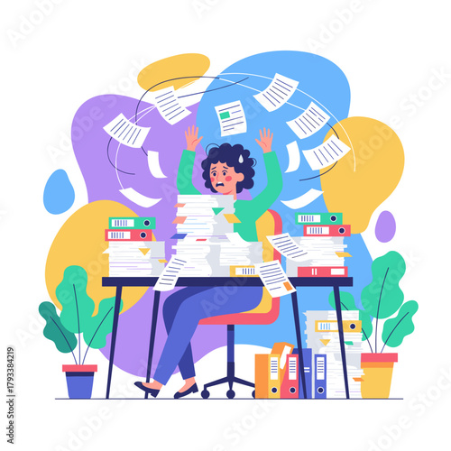 Stressed employee overwhelmed by paperwork chaos and deadlines Business overload