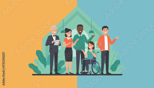 Diverse group illustration in front of a house representing community business and inclusion