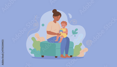 Happy mother comforts her child with a bandage Love care and parenthood illustration