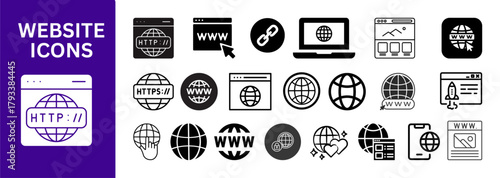 Internet icons, browser design symbols, global network icons, web development elements, modern UI vector icon pack
