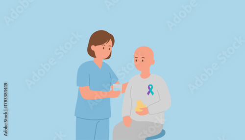 Nurse supports a bald patient with cancer ribbon offering water and compassionate medical care