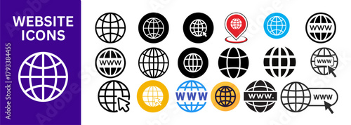 Globe icons, web design symbols, internet world icons, global network elements, modern website vector icons for UI and branding