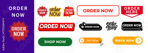 book now labels, buy now badges, ecommerce call to action pack, online service design vector elements