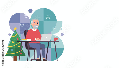Stressed older man works on laptop near a Christmas tree Holiday work pressure concept