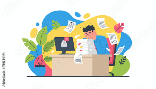 Exhausted office worker facing overwhelming workload and deadlines struggling with stress