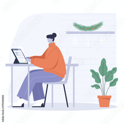 Winter remote work person using tablet at a decorated desk for business or study