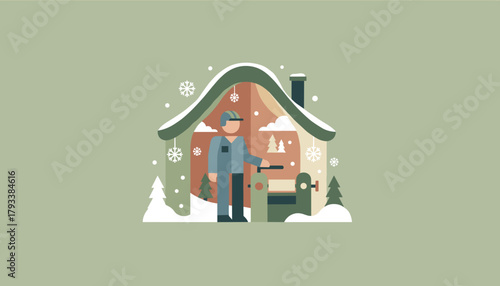 Craftsman operating a wood lathe inside a snowy cabin workshop flat vector illustration