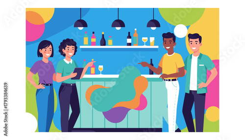 Diverse group socializing at a colorful bar counter Hospitality and leisure concept