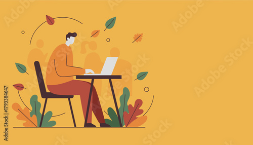 Remote work concept Man using laptop outdoors amidst fall foliage and autumn colors illustration