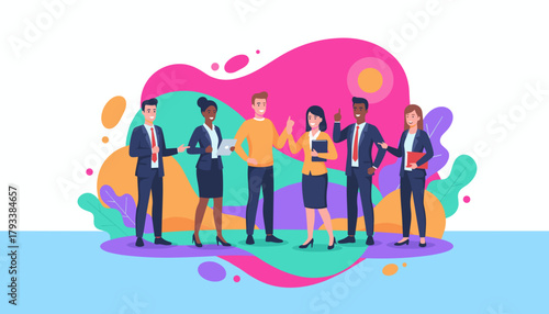 Diverse business team collaborating and exchanging ideas in a colorful modern abstract setting