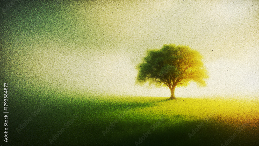 Fototapeta premium Lonely strong tree standing in glowing field with film grain texture created from thousands of individual dots. Emotional tone blends solitude with gentle optimism, melancholy and quiet confidence